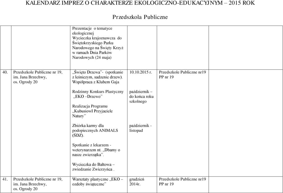 PP nr 19 Rodzinny Konkurs Plastyczny EKO Drzewo Realizacja Programu KubusiowI Przyjaciele Natury październik do końca roku szkolnego Zbiórka karmy dla podopiecznych ANIMALS