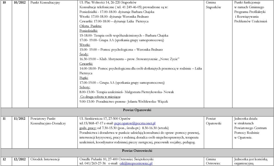 00- Grupa AA (spotkania grupy samopomocowej) Wtorki: 15.00-19.00 Pomoc psychologiczna Weronika Bednarz Środy: 16.30-19.00 Klub Abstynenta prow. Stowarzyszenie Nowe Życie Czwartki: 14.00-18.