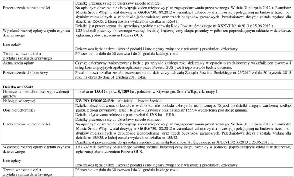 Przedmiotowa decyzja została wydana dla działki nr 155/35, z której została wydzielona działka nr 155/41.