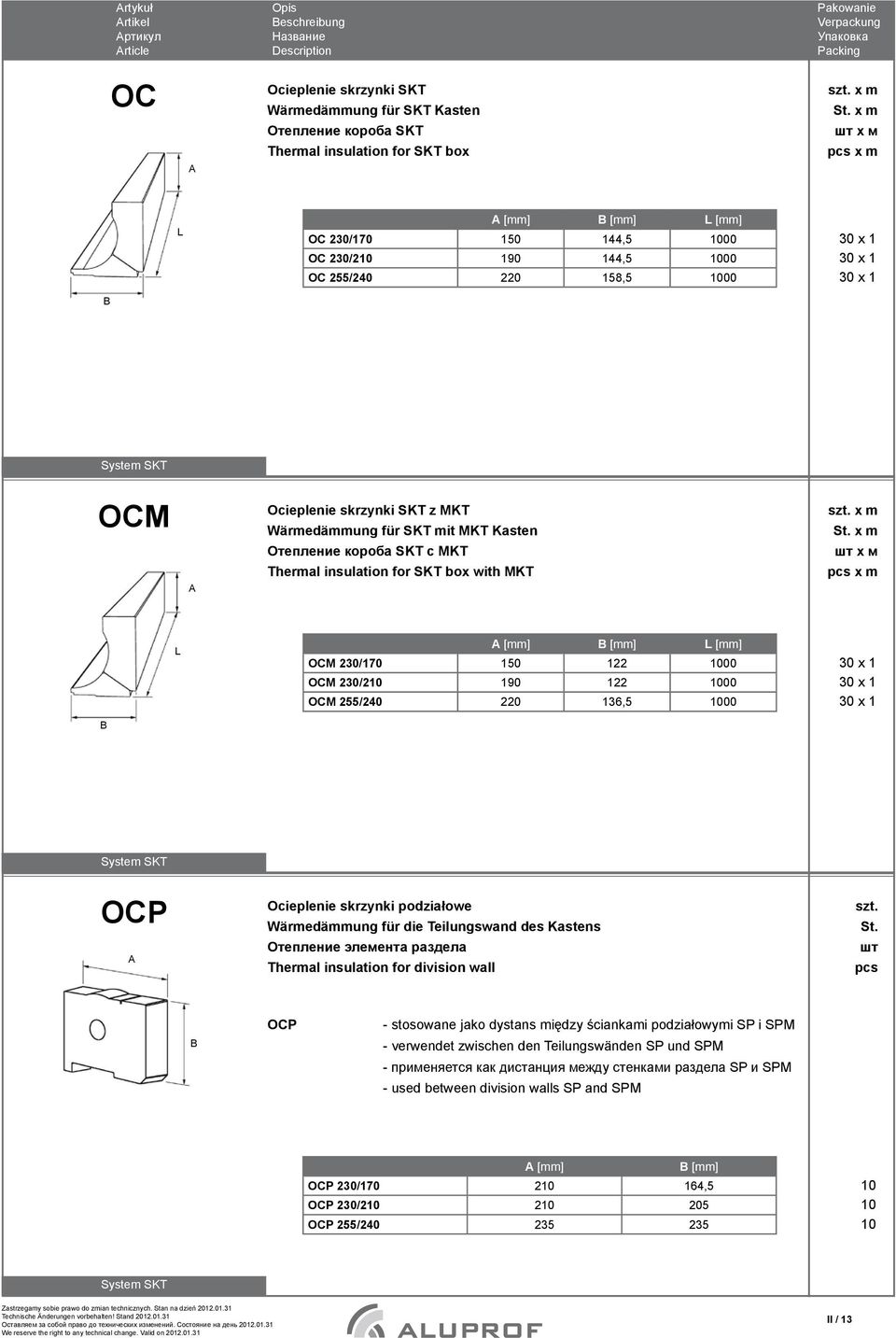 122 1000 OCM 230/210 190 122 1000 OCM 5/240 220 136,5 1000 30 x 1 30 x 1 30 x 1 OCP Ocieplenie skrzynki podziałowe Wärmedämmung für die Teilungswand des Kastens Отепление элемента раздела Thermal