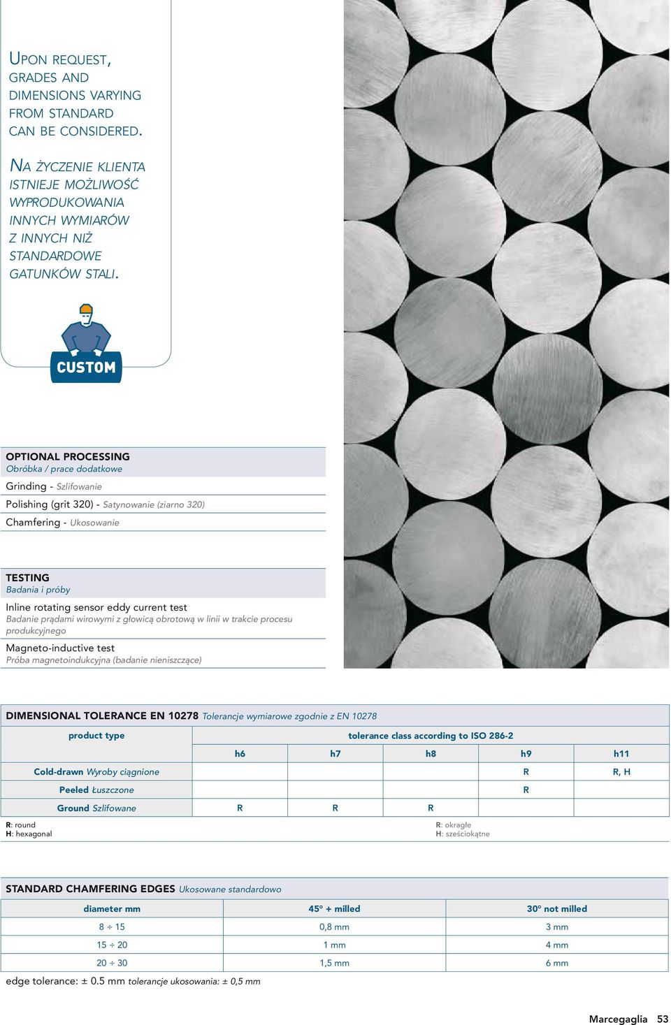 current test Badanie prądami wirowymi z głowicą obrotową w linii w trakcie procesu produkcyjnego Magneto-inductive test Próba magnetoindukcyjna (badanie nieniszczące) DIMENSIONAL TOLERANCE EN 10278