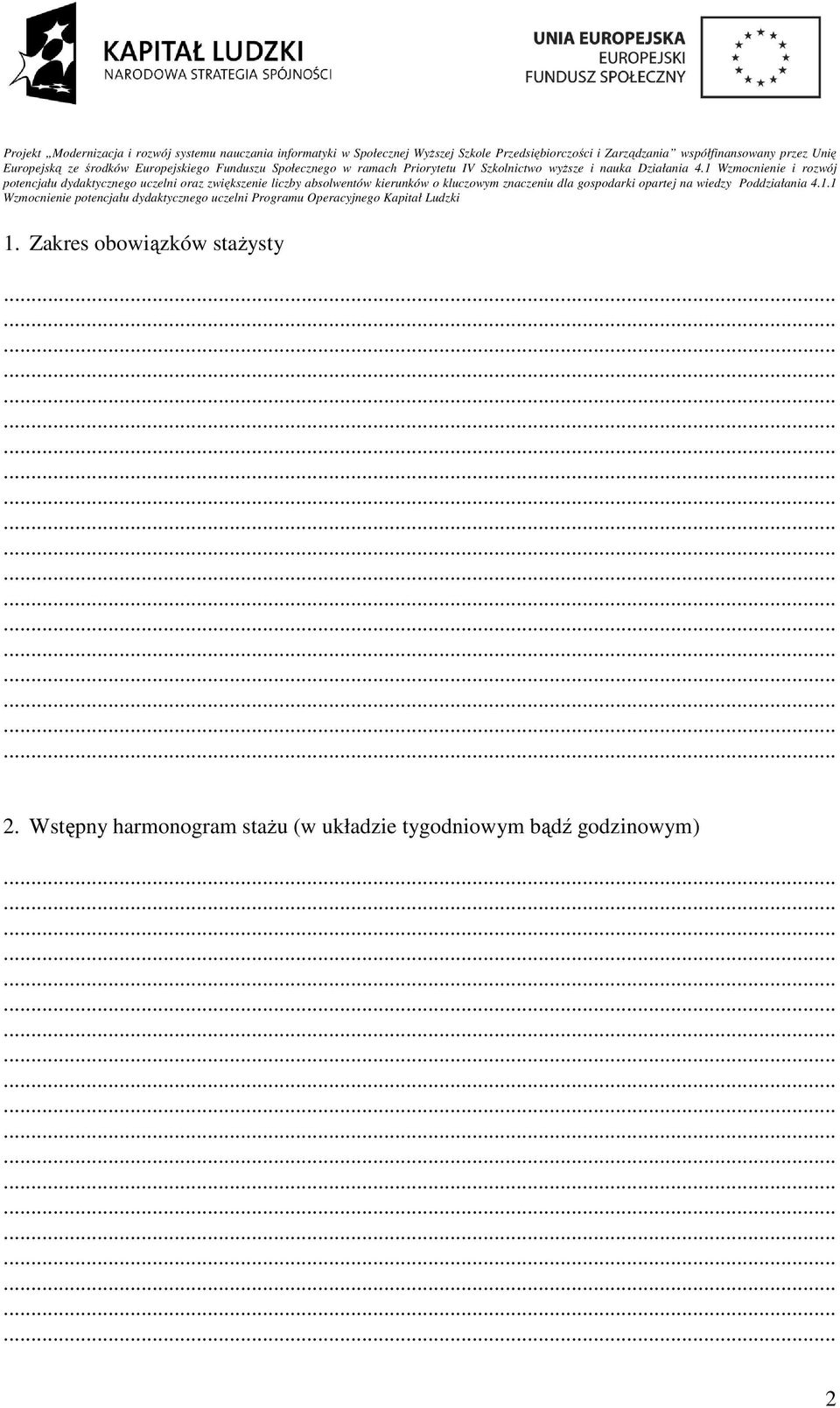 Wstępny harmonogram stażu