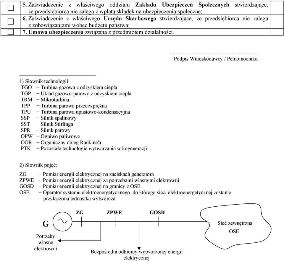 ... Podpis Wnioskodawcy / Pełnomocnika 1) Słownik technologii: TGO Turbina gazowa z odzyskiem ciepła TGP Układ gazowo-parowy z odzyskiem ciepła TRM Mikroturbina TPP Turbina parowa przeciwprężna TPU