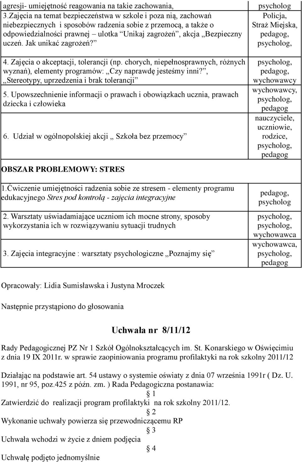 Jak unikać zagrożeń? 4. Zajęcia o akceptacji, tolerancji (np. chorych, niepełnosprawnych, różnych wyznań), elementy programów: Czy naprawdę jesteśmy inni?, Stereotypy, uprzedzenia i brak tolerancji 5.