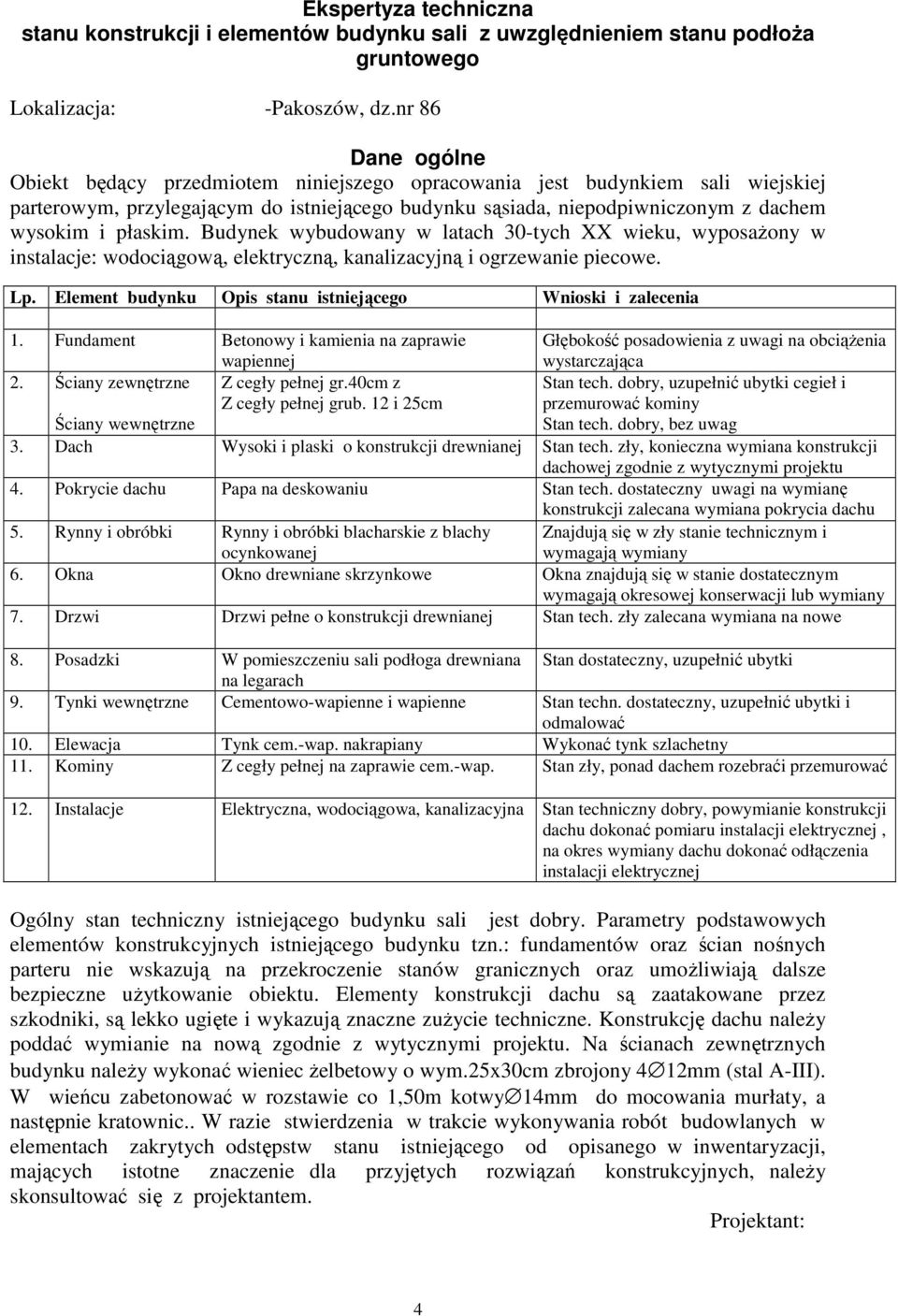 płaskim. Budynek wybudowany w latach 30-tych XX wieku, wyposaŝony w instalacje: wodociągową, elektryczną, kanalizacyjną i ogrzewanie piecowe. Lp.