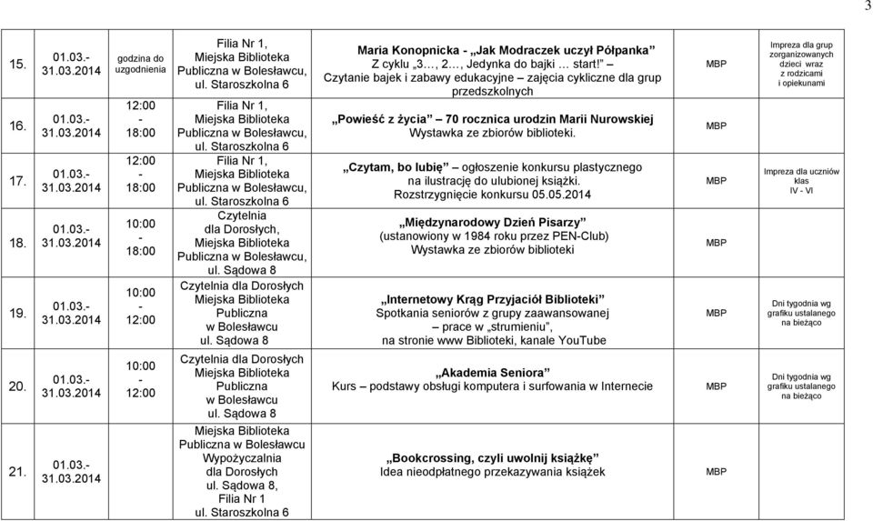 Staroszkolna 6 Czytelnia dla Dorosłych, Czytelnia dla Dorosłych Publiczna w Bolesławcu Czytelnia dla Dorosłych Publiczna w Bolesławcu Publiczna w Bolesławcu Wypożyczalnia dla Dorosłych, Filia Nr 1 ul.