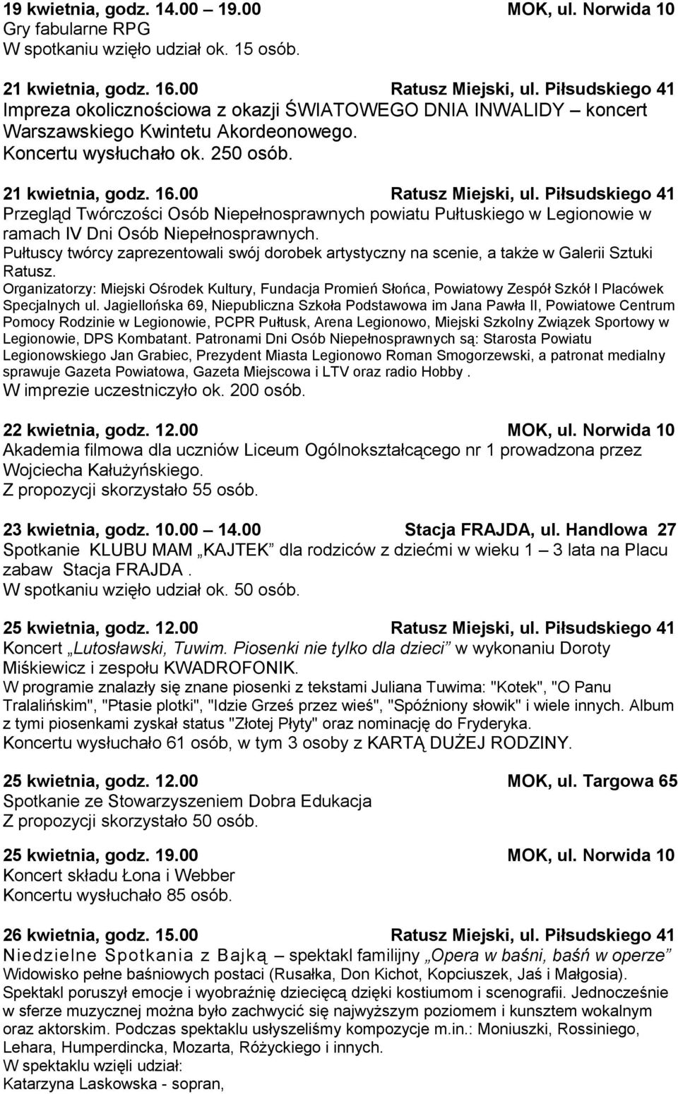 Piłsudskiego 41 Przegląd Twórczości Osób Niepełnosprawnych powiatu Pułtuskiego w Legionowie w ramach IV Dni Osób Niepełnosprawnych.