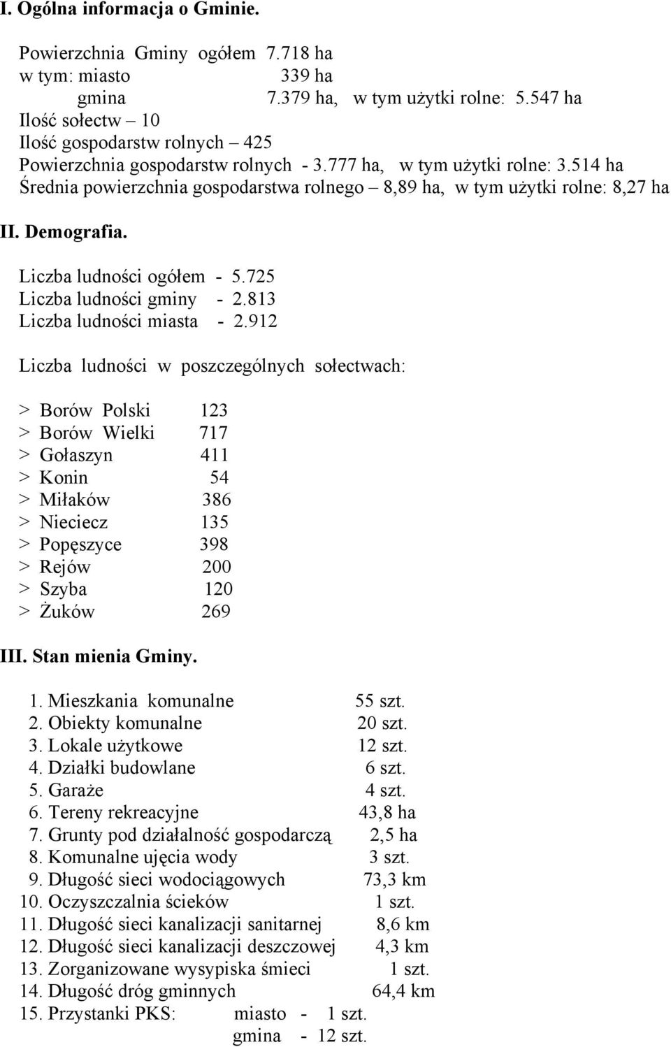 514 ha Średnia powierzchnia gospodarstwa rolnego 8,89 ha, w tym użytki rolne: 8,27 ha II. Demografia. Liczba ludności ogółem - 5.725 Liczba ludności gminy - 2.813 Liczba ludności miasta - 2.