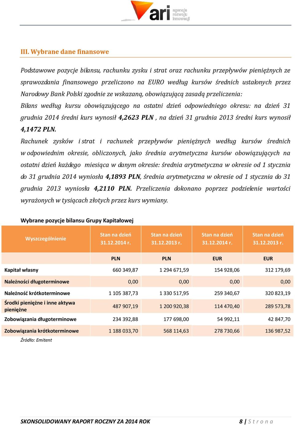 wynosił 4,2623 PLN, na dzień 31 grudnia 2013 średni kurs wynosił 4,1472 PLN.