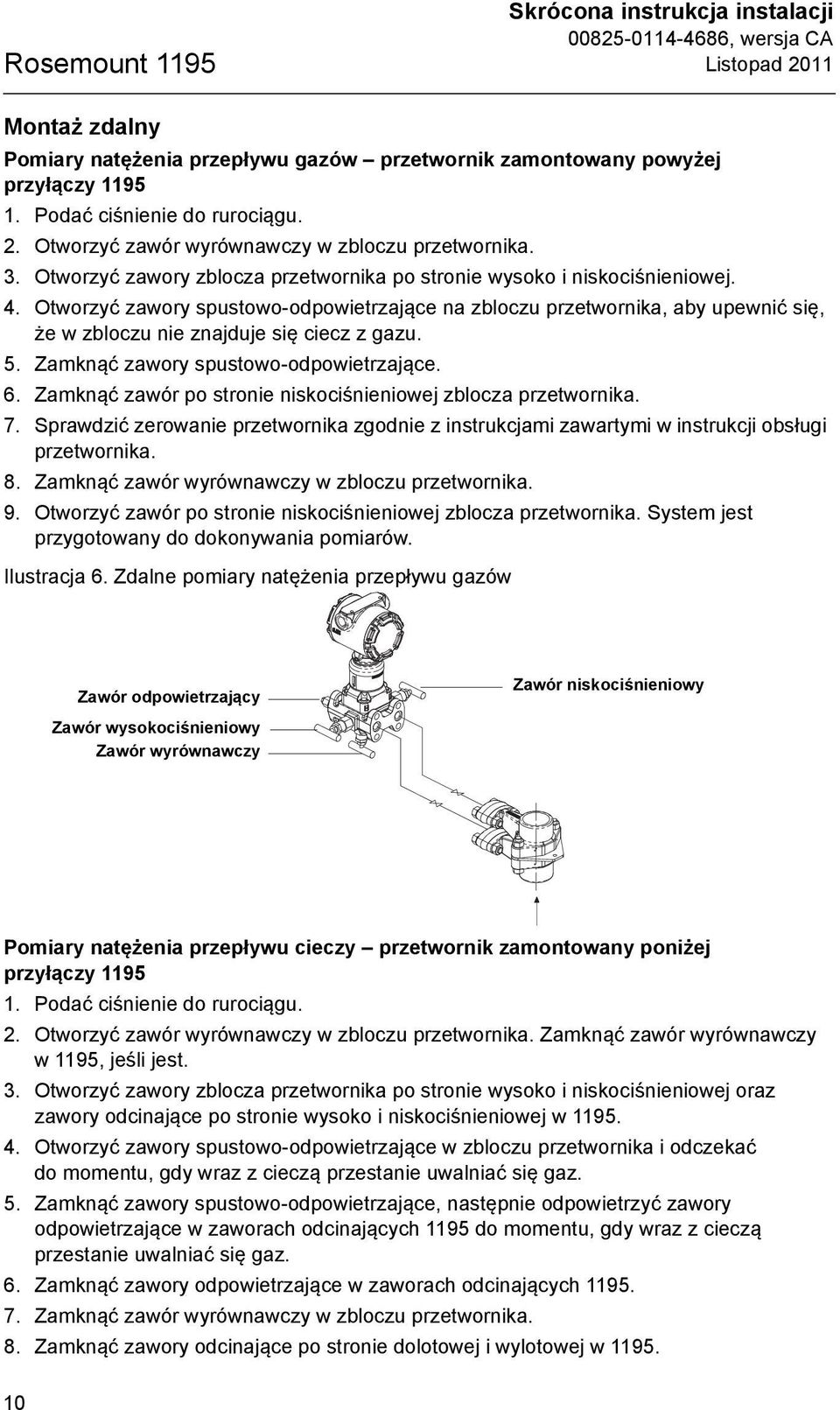 Otworzyć zawory spustowo-odpowietrzające na zbloczu przetwornika, aby upewnić się, że w zbloczu nie znajduje się ciecz z gazu. 5. Zamknąć zawory spustowo-odpowietrzające. 6.