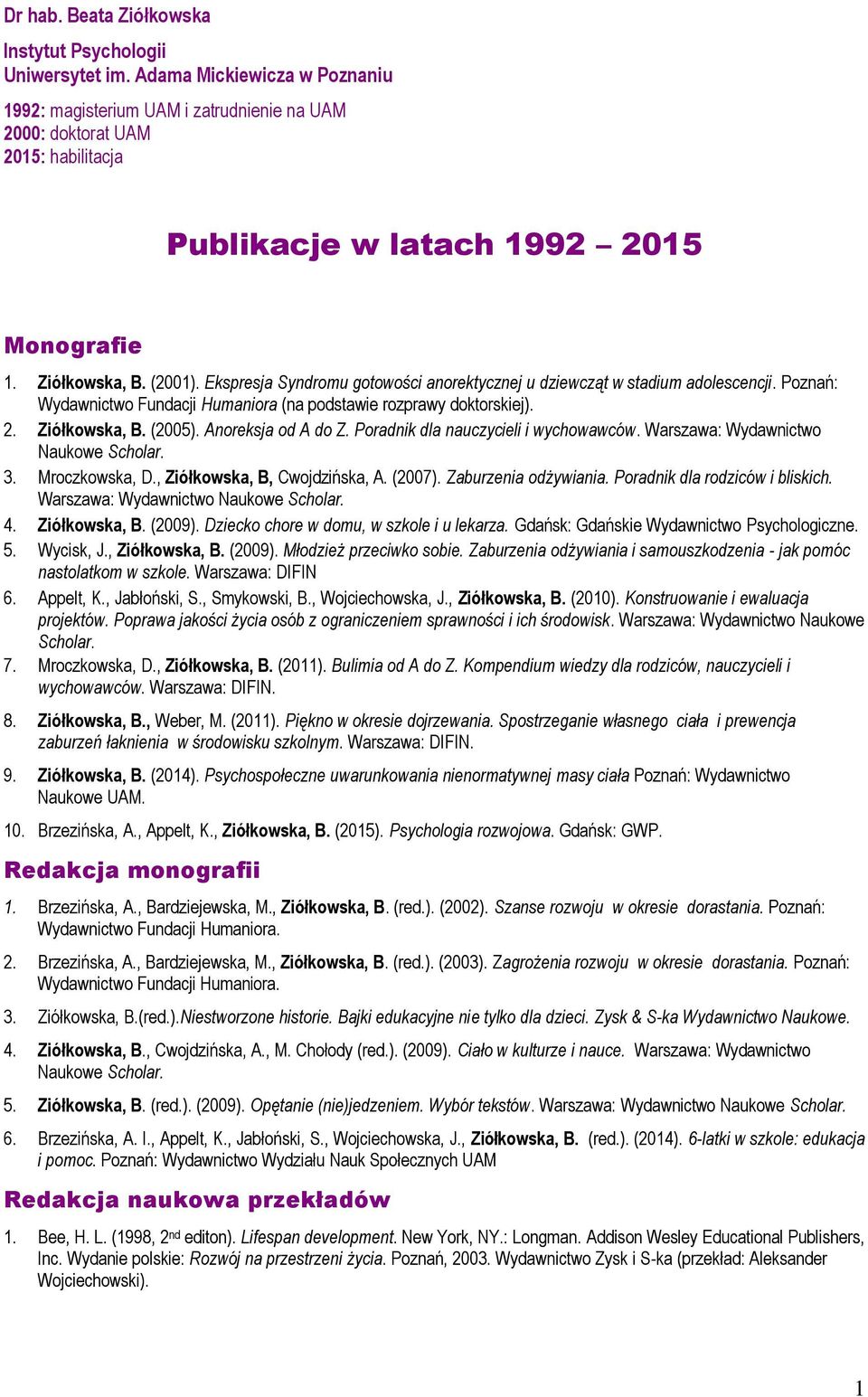 Ekspresja Syndromu gotowości anorektycznej u dziewcząt w stadium adolescencji. Poznań: Wydawnictwo Fundacji Humaniora (na podstawie rozprawy doktorskiej). 2. Ziółkowska, B. (2005).