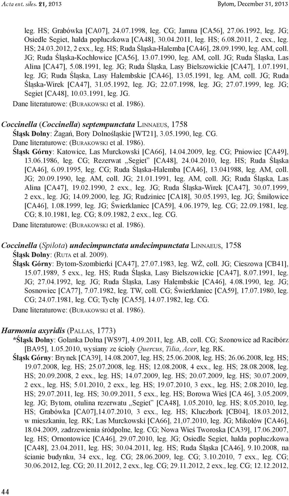 05.1991, leg. AM, coll. JG; Ruda Śląska-Wirek [CA47], 31.05.1992, leg. JG; 22.07.1998, leg. JG; 27.07.1999, leg. JG; Segiet [CA48], 10.03.1991, leg. JG. Coccinella (Coccinella) septempunctata Linnaeus, 1758 Śląsk Dolny: Żagań, Bory Dolnośląskie [WT21], 3.