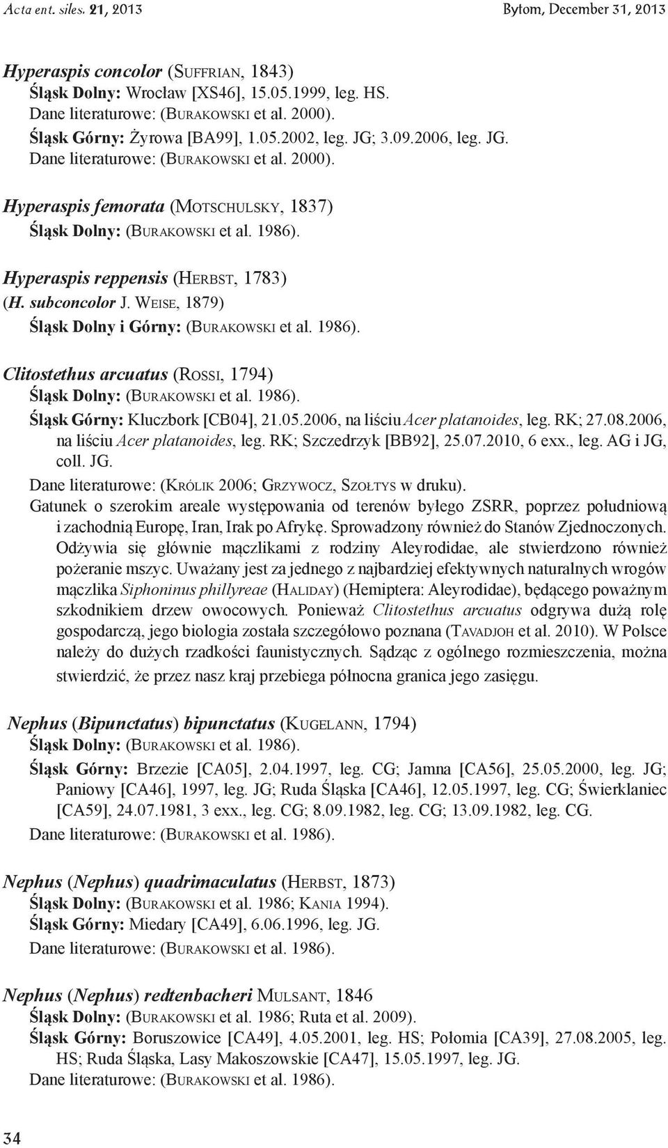 Weise, 1879) Śląsk Dolny i Górny: (Burakowski et al. 1986). Clitostethus arcuatus (Rossi, 1794) Śląsk Górny: Kluczbork [CB04], 21.05.2006, na liściu Acer platanoides, leg. RK; 27.08.