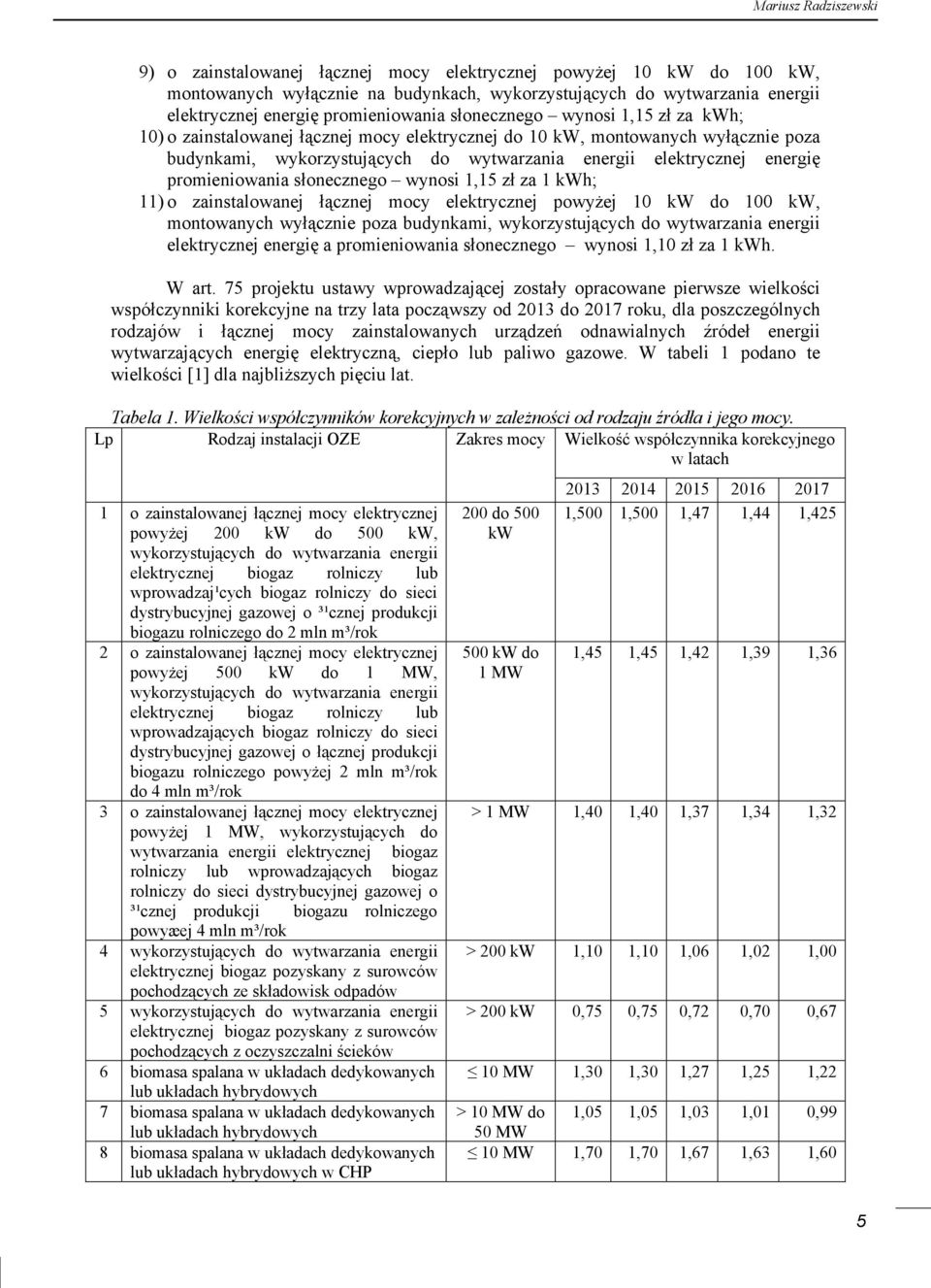 energię promieniowania słonecznego wynosi 1,15 zł za 1 kwh; 11) o zainstalowanej łącznej mocy elektrycznej powyżej 10 kw do 100 kw, montowanych wyłącznie poza budynkami, wykorzystujących do