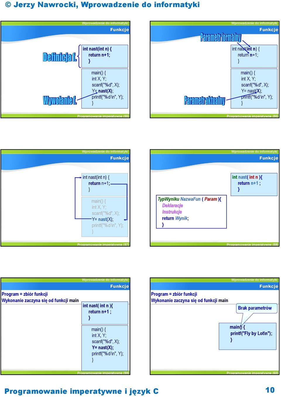 Programowanie imperatywne (57) Programowanie imperatywne (58) Program = zbiór funkcji Wykonanie zaczyna się od funkcji main int nast( int n ){ return n+1 ; Y= nast(x); printf("%d \n", Y);