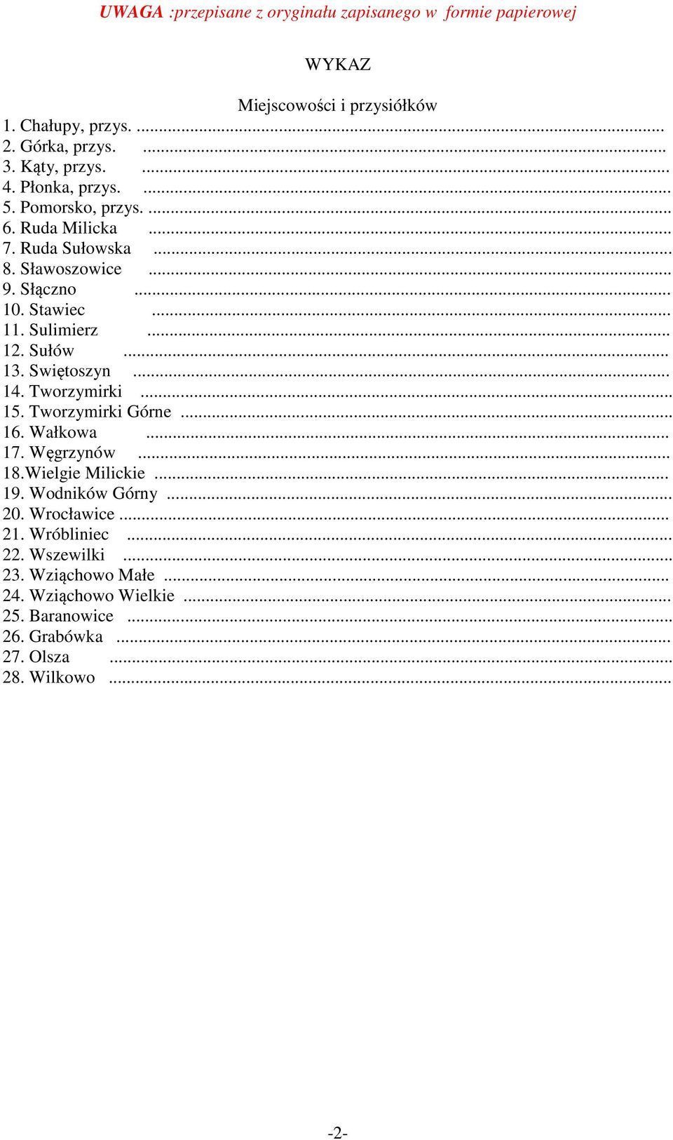 Tworzymirki... 15. Tworzymirki Górne... 16. Wałkowa... 17. Węgrzynów... 18.Wielgie Milickie... 19. Wodników Górny... 20. Wrocławice... 21.