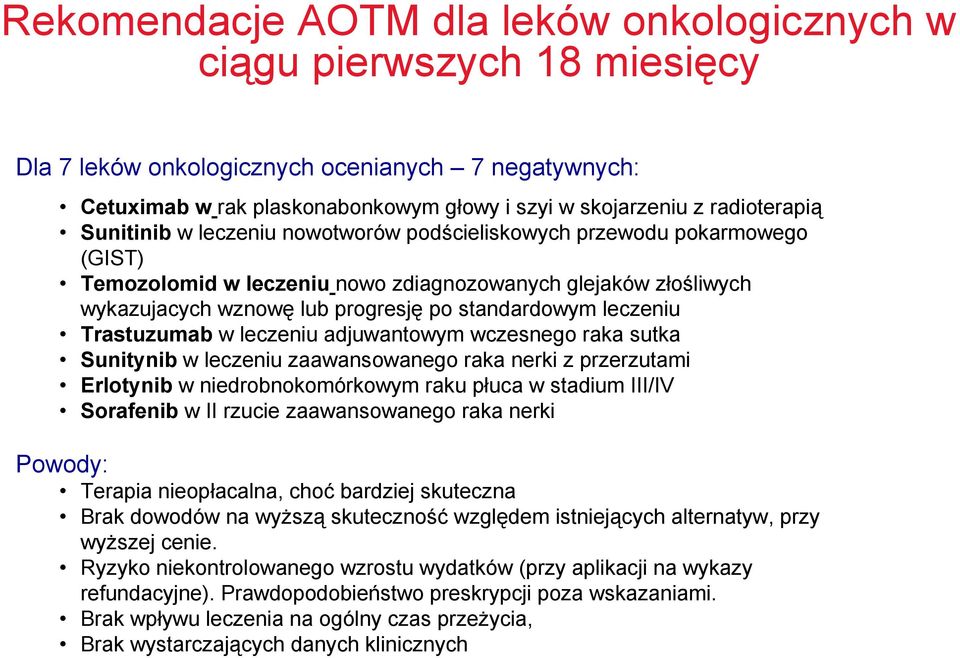 standardowym leczeniu Trastuzumab w leczeniu adjuwantowym wczesnego raka sutka Sunitynib w leczeniu zaawansowanego raka nerki z przerzutami Erlotynib w niedrobnokomórkowym raku płuca w stadium III/IV