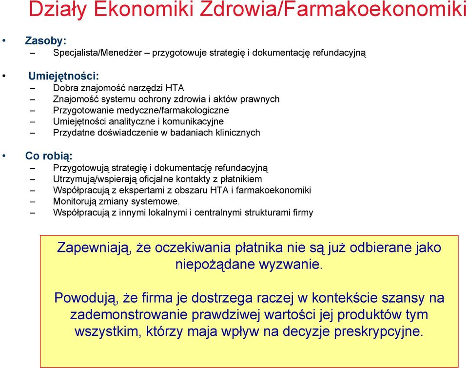 refundacyjną Utrzymują/wspierają oficjalne kontakty z płatnikiem Współpracują z ekspertami z obszaru HTA i farmakoekonomiki Monitorują zmiany systemowe.