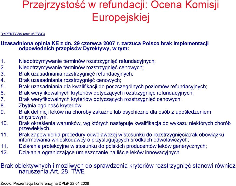 Brak uzasadniania rozstrzygnięć refundacyjnych; 4. Brak uzasadniania rozstrzygnięć cenowych; 5. Brak uzasadniania dla kwalifikacji do poszczególnych poziomów refundacyjnych; 6.