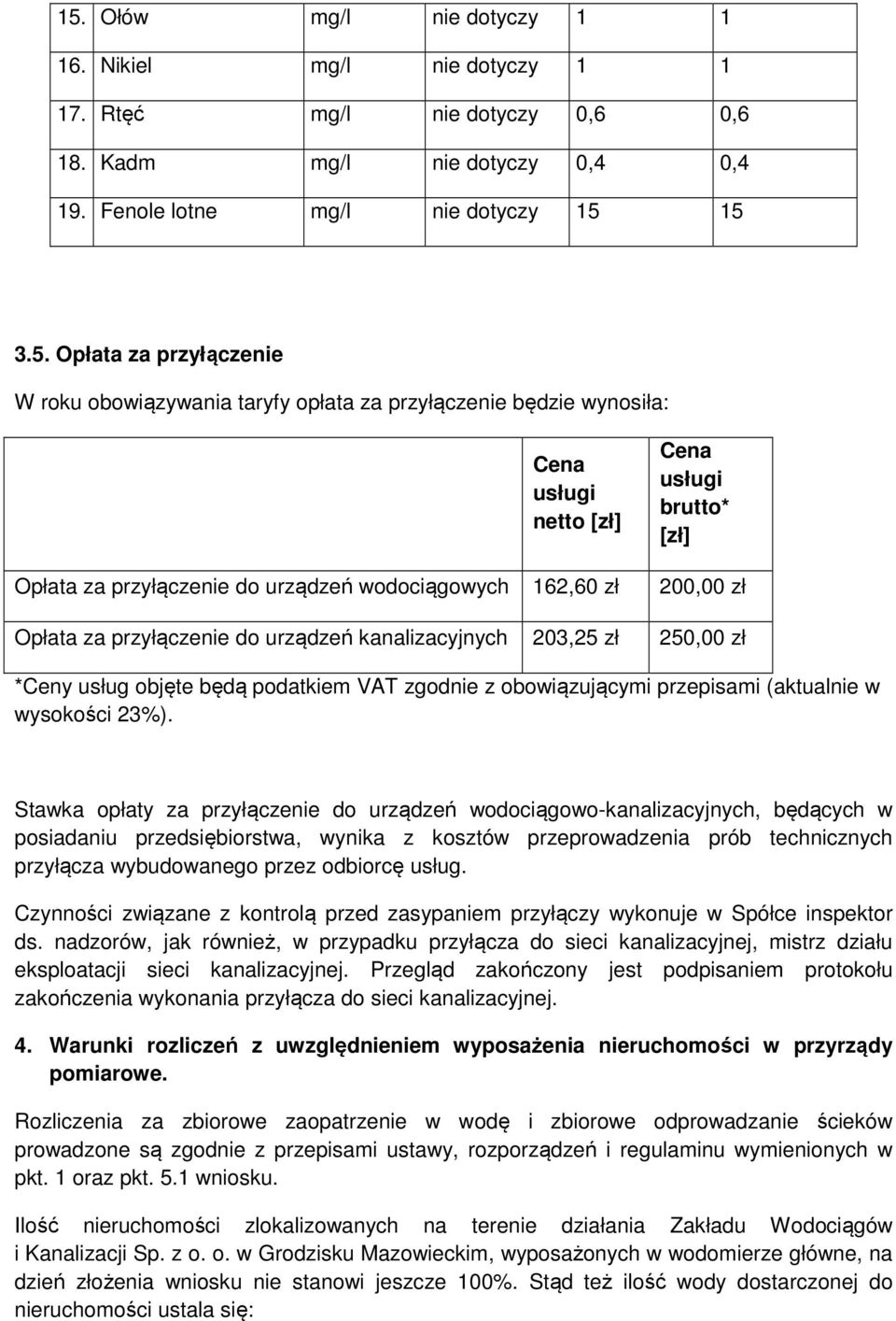 urządzeń kanalizacyjnych 203,25 zł 250,00 zł *Ceny usług objęte będą podatkiem VAT zgodnie z obowiązującymi przepisami (aktualnie w wysokości 23%).