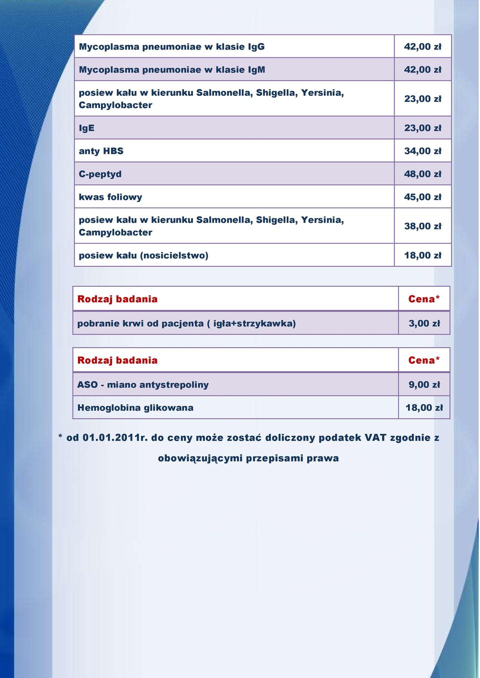 42,00 zł 23,00 zł 23,00 zł 34,00 zł 48,00 zł 4 38,00 zł 18,00 zł pobranie krwi od pacjenta ( igła+strzykawka) 3,00 zł ASO - miano