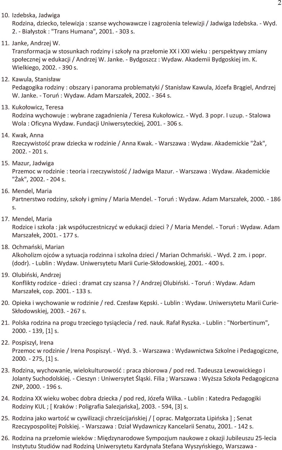 - 390 s. 12. Kawula, Stanisław Pedagogika rodziny : obszary i panorama problematyki / Stanisław Kawula, Józefa Brągiel, Andrzej W. Janke. - Toruń : Wydaw. Adam Marszałek, 2002. - 364 s. 13.