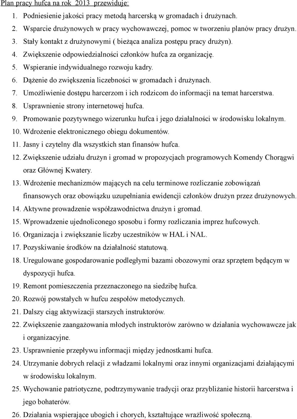 Dążenie do zwiększenia liczebności w gromadach i drużynach. 7. Umożliwienie dostępu harcerzom i ich rodzicom do informacji na temat harcerstwa. 8. Usprawnienie strony internetowej hufca. 9.