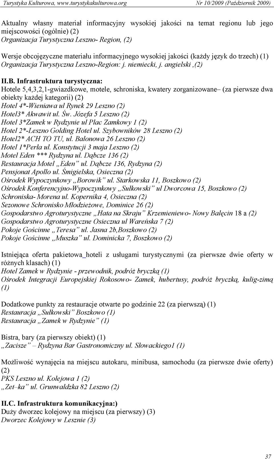 Infrastruktura turystyczna: Hotele 5,4,3,2,1-gwiazdkowe, motele, schroniska, kwatery zorganizowane (za pierwsze dwa obiekty każdej kategorii) (2) Hotel 4*-Wieniawa ul Rynek 29 Leszno (2) Hotel3*
