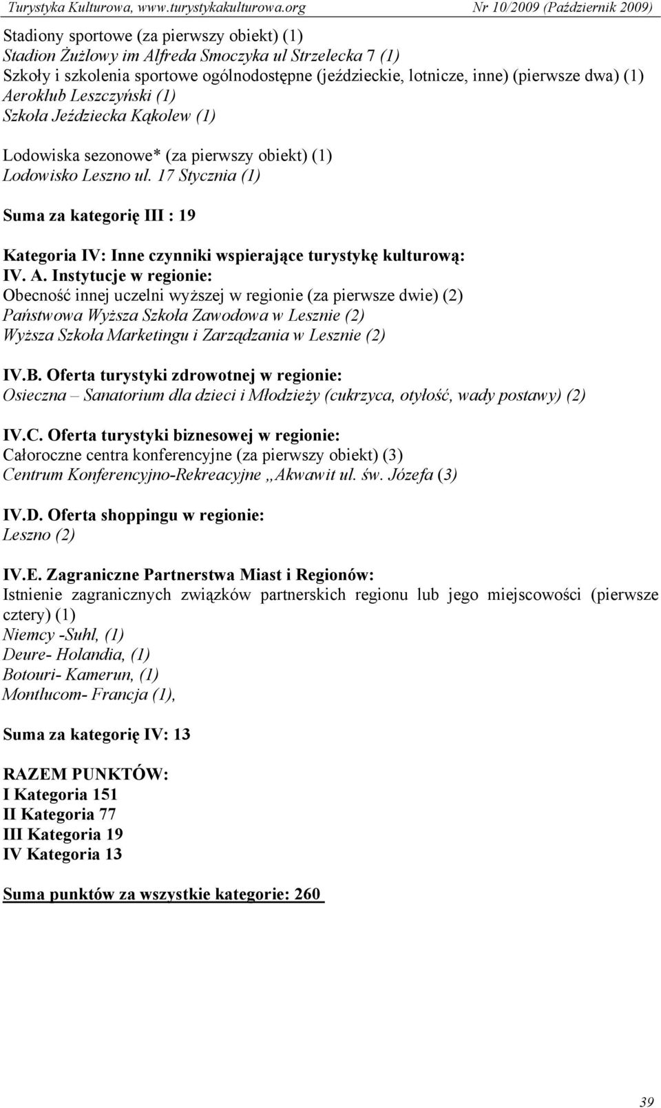 17 Stycznia (1) Suma za kategorię III : 19 Kategoria IV: Inne czynniki wspierające turystykę kulturową: IV. A.