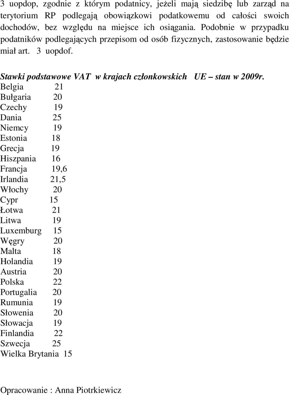 Stawki podstawowe VAT w krajach członkowskich UE stan w 2009r.