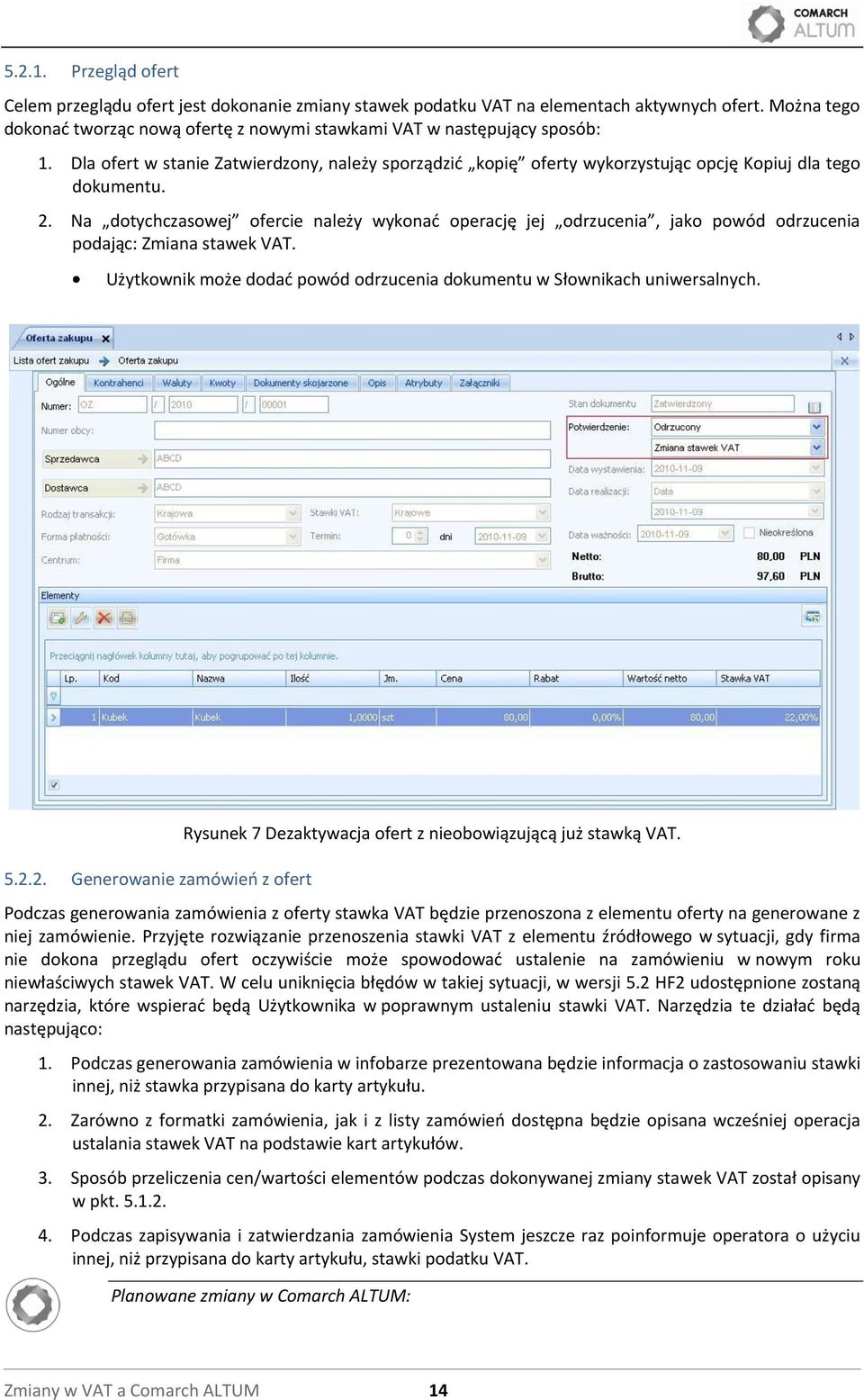 Na dotychczasowej ofercie należy wykonad operację jej odrzucenia, jako powód odrzucenia podając: Zmiana stawek VAT. Użytkownik może dodad powód odrzucenia dokumentu w Słownikach uniwersalnych. 5.2.