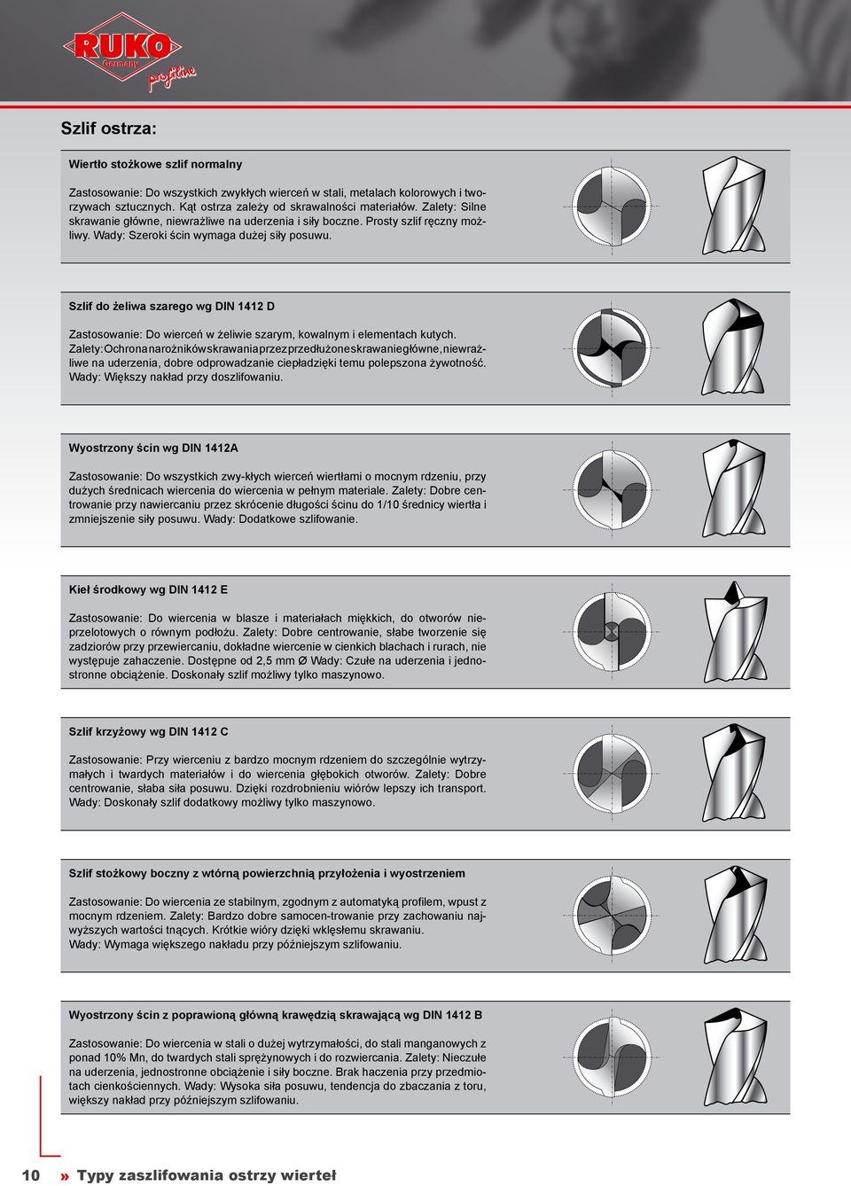 Szlif do żeliwa szarego wg DIN 1412 D Zastosowanie: Do wierceń w żeliwie szarym, kowalnym i elementach kutych.