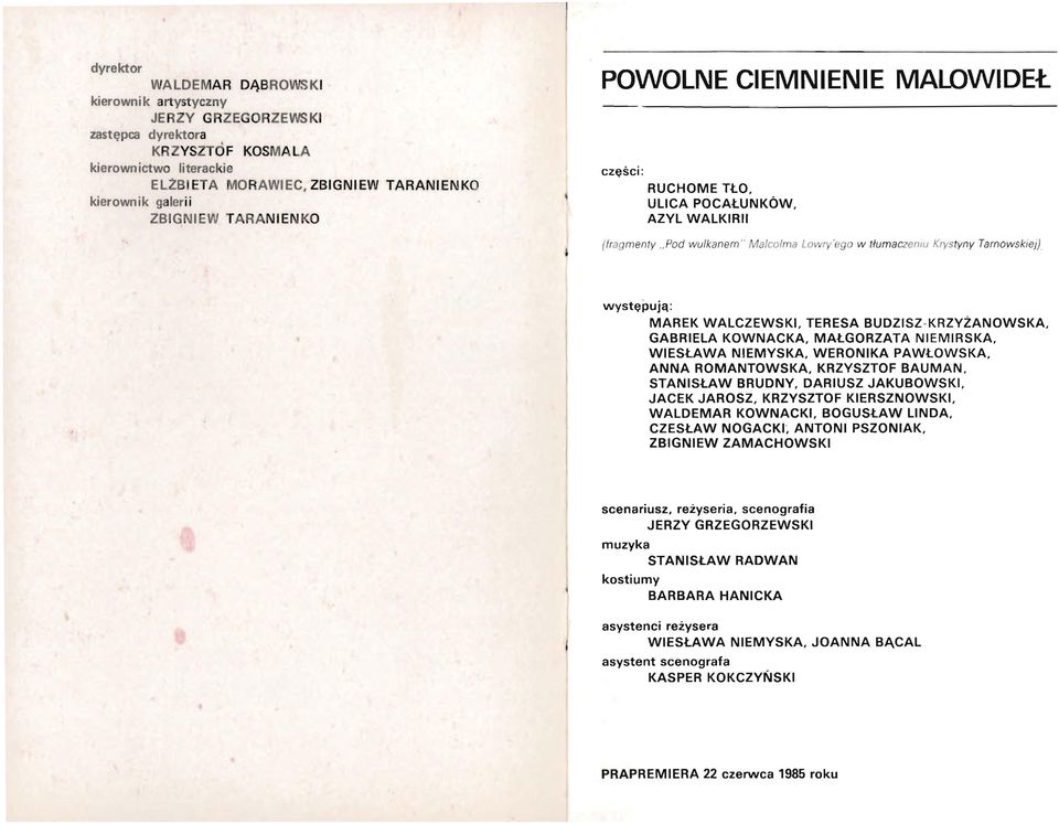 MAREK WALCZEWSKI, TERESA BUDZISZ - KRZYŻANOWSKA, GABRIELA KOWNACKA, MAŁGORZATA NIEMIRSKA, WIESŁAWA NIEMYSKA, WERONIKA PAWŁOWSKA, ANNA ROMANTOWSKA, KRZYSZTOF BAUMAN, STANISŁAW BRUDNY, DARIUSZ