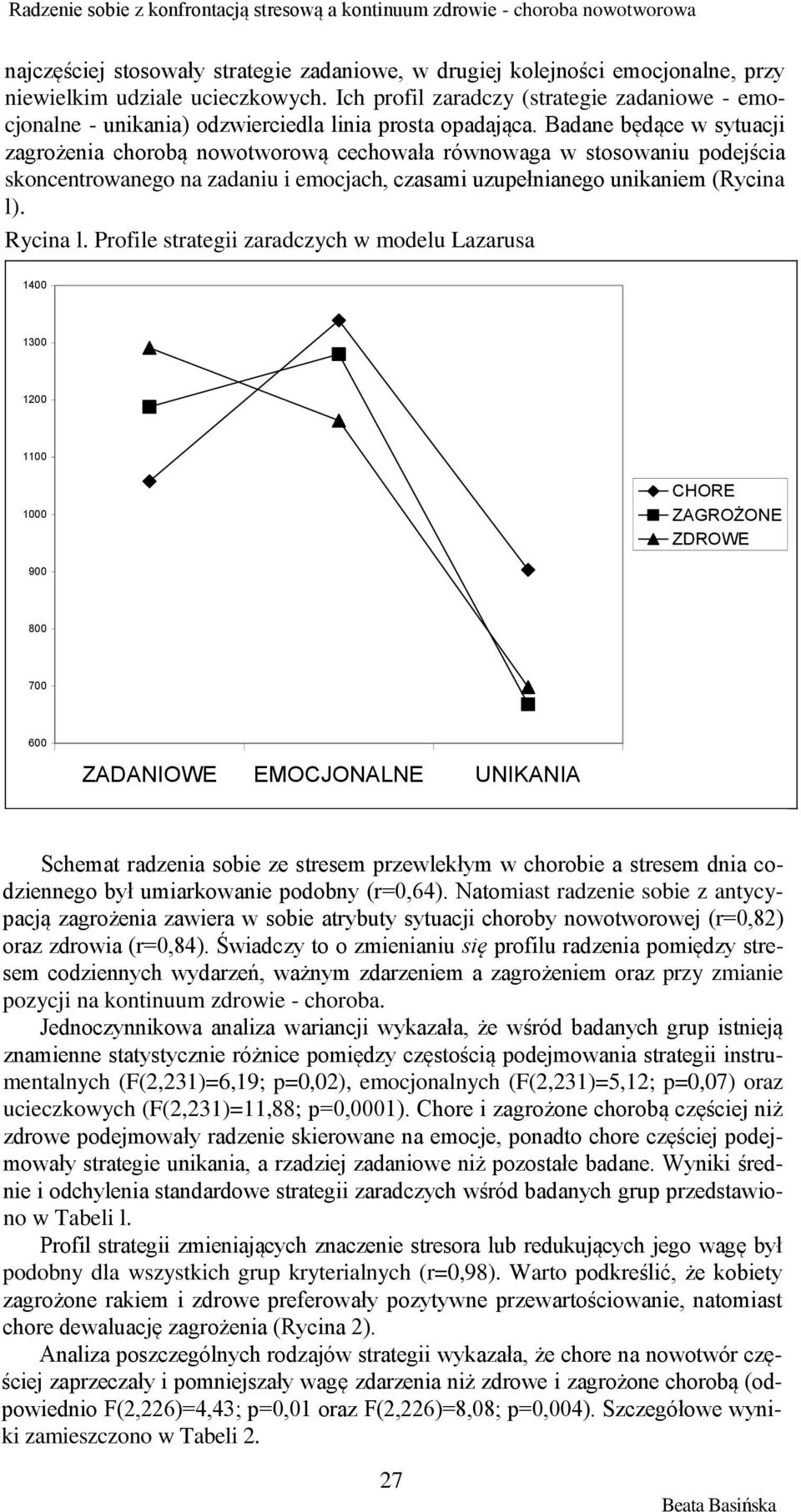 Badane będące w sytuacji zagrożenia chorobą nowotworową cechowała równowaga w stosowaniu podejścia skoncentrowanego na zadaniu i emocjach, czasami uzupełnianego unikaniem (Rycina l). Rycina l.