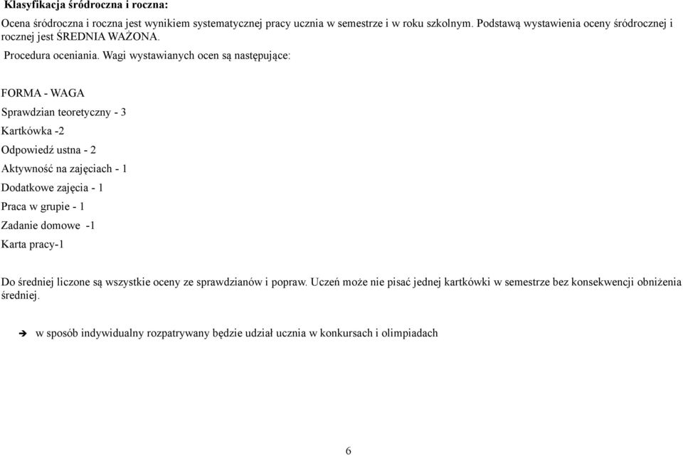 Wagi wystawianych ocen są następujące: FORMA - WAGA Sprawdzian teoretyczny - 3 Kartkówka -2 Odpowiedź ustna - 2 Aktywność na zajęciach - 1 Dodatkowe zajęcia - 1 Praca
