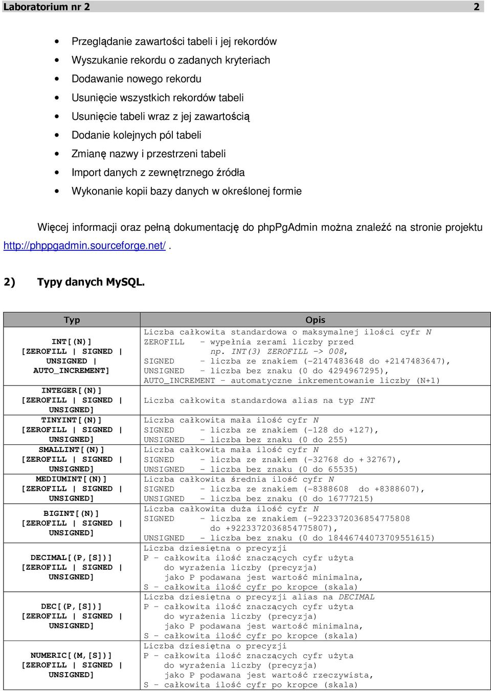 dokumentację do phppgadmin można znaleźć na stronie projektu http://phppgadmin.sourceforge.net/. 2) Typy danych MySQL.