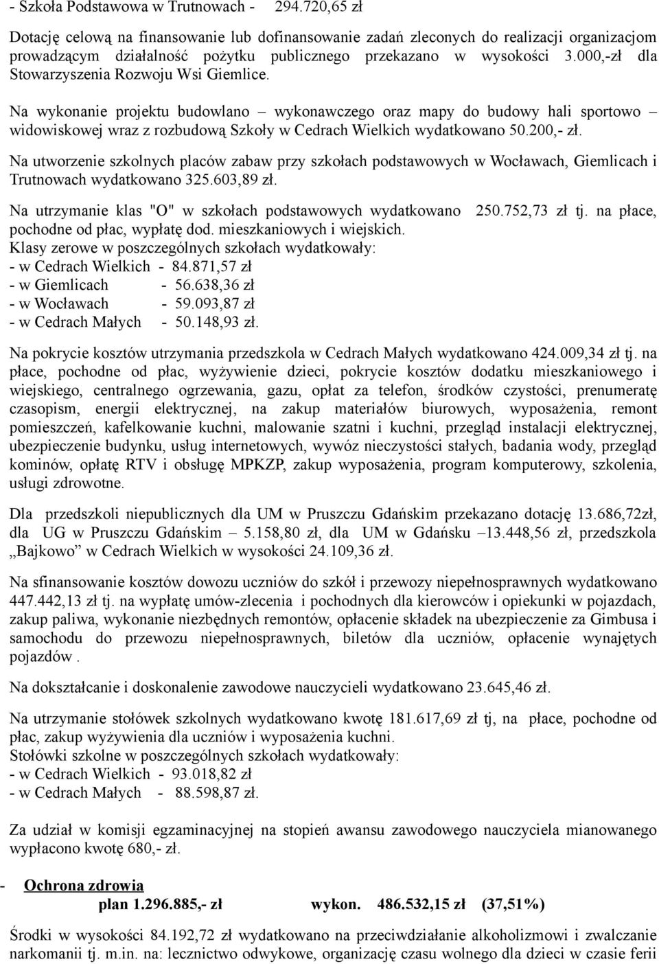 000,-zł dla Stowarzyszenia Rozwoju Wsi Giemlice. Na wykonanie projektu budowlano wykonawczego oraz mapy do budowy hali sportowo widowiskowej wraz z rozbudową Szkoły w Cedrach Wielkich wydatkowano 50.