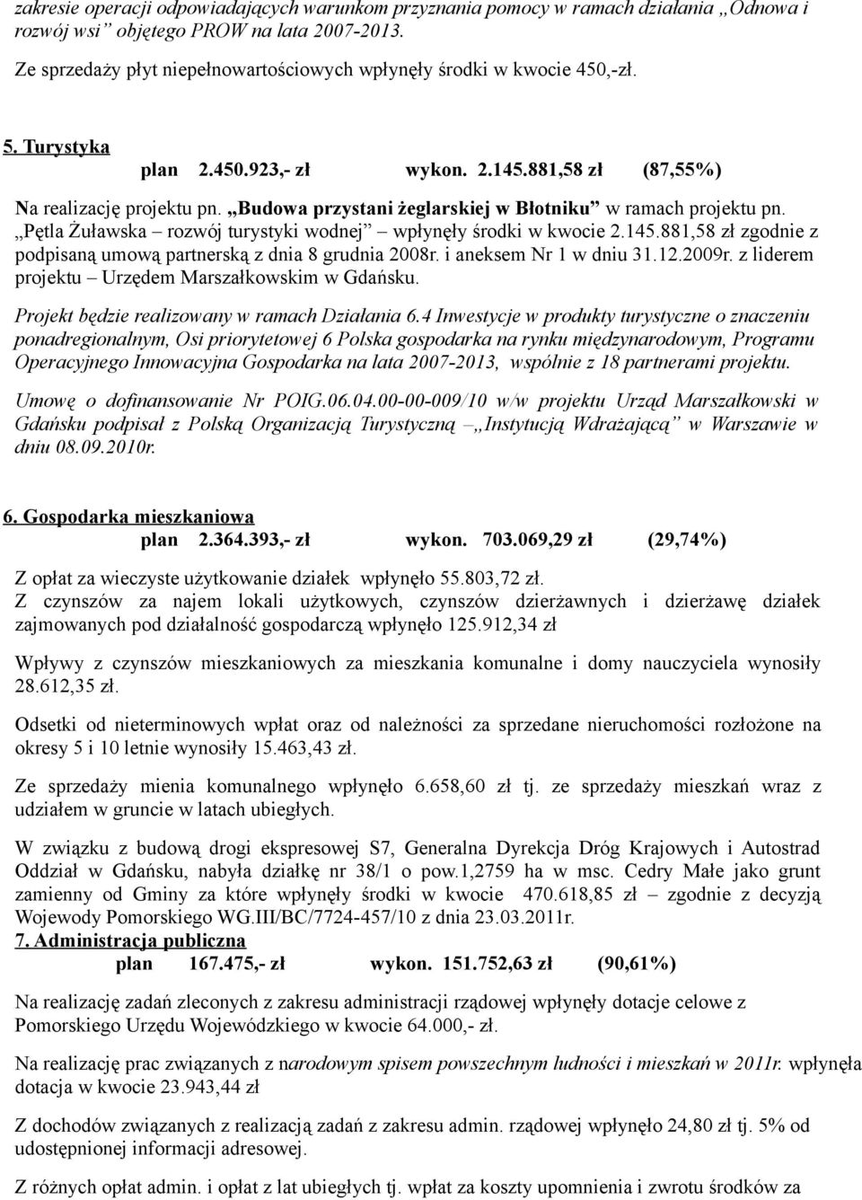 Budowa przystani żeglarskiej w Błotniku w ramach projektu pn. Pętla Żuławska rozwój turystyki wodnej wpłynęły środki w kwocie 2.145.
