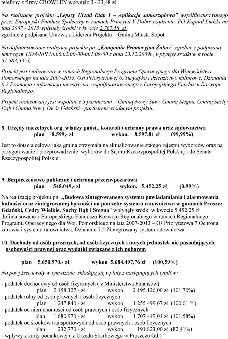 wpłynęły środki w kwocie 2.767,58 zł, zgodnie z podpisaną Umową z Liderem Projektu Gminą Miasta Sopot, Na dofinansowanie realizacji projektu pn.