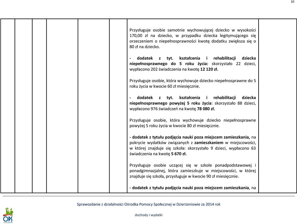 Przysługuje osobie, która wychowuje dziecko niepełnosprawne do 5 roku życia w kwocie 60 zł miesięcznie. - dodatek z tyt.