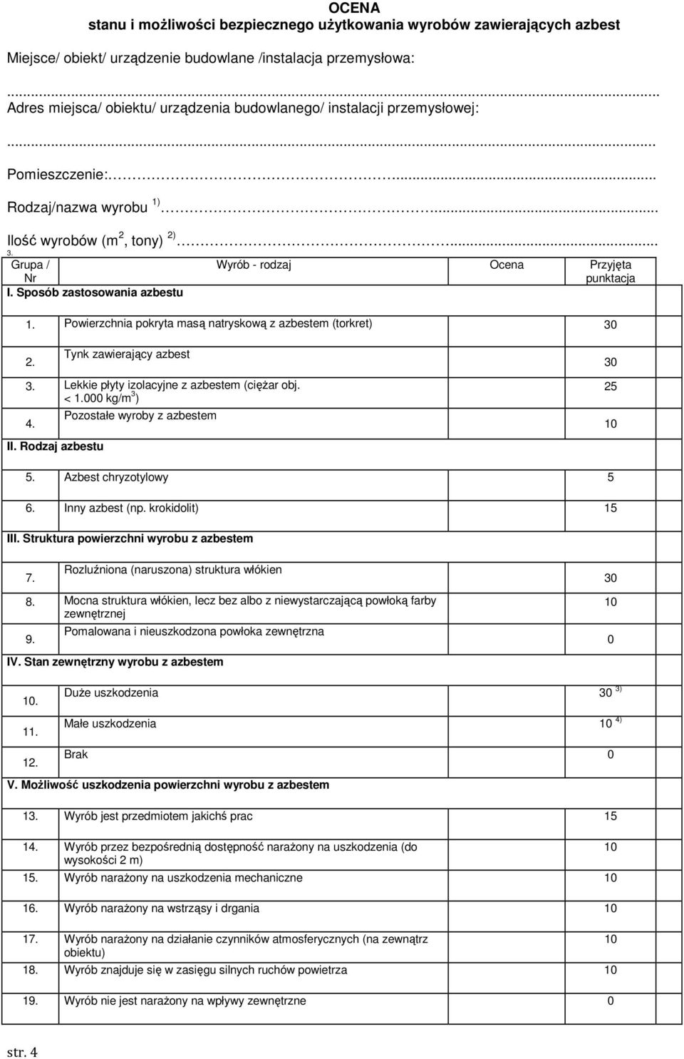 Grupa / Nr Wyrób - rodzaj Ocena Przyjęta punktacja I. Sposób zastosowania azbestu 1. Powierzchnia pokryta masą natryskową z azbestem (torkret) 30 2. Tynk zawierający azbest 3.