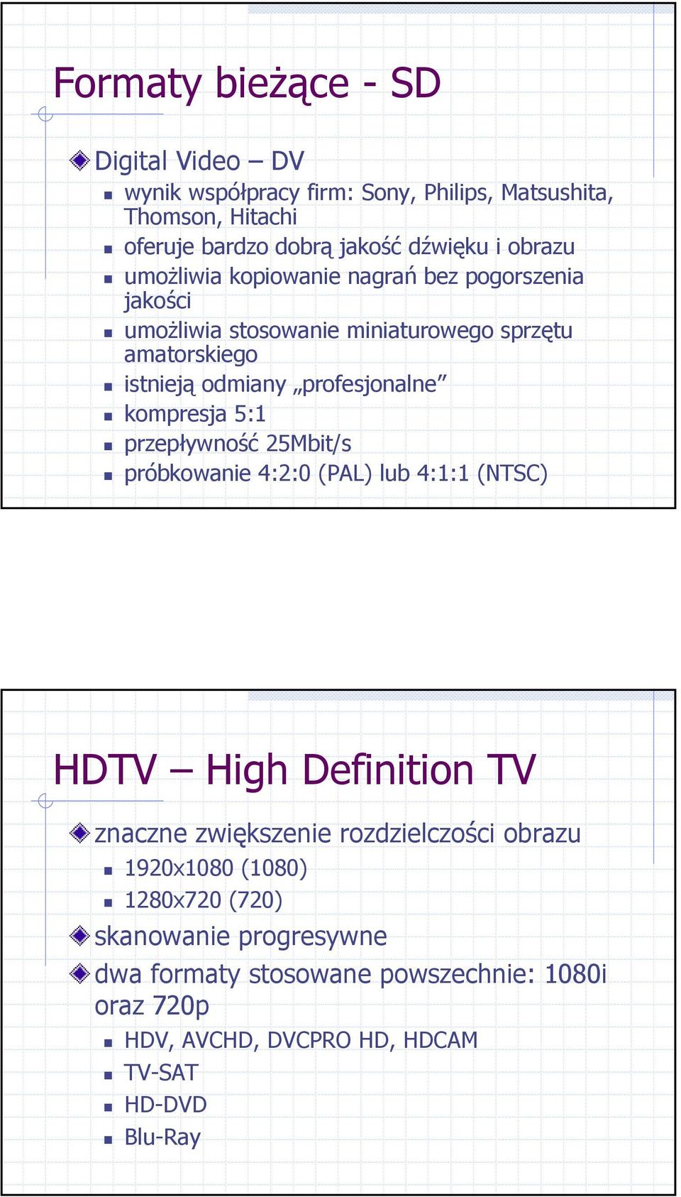 kompresja 5:1 przepływność 25Mbit/s próbkowanie 4:2:0 (PAL) lub 4:1:1 (NTSC) HDTV High Definition TV znaczne zwiększenie rozdzielczości obrazu