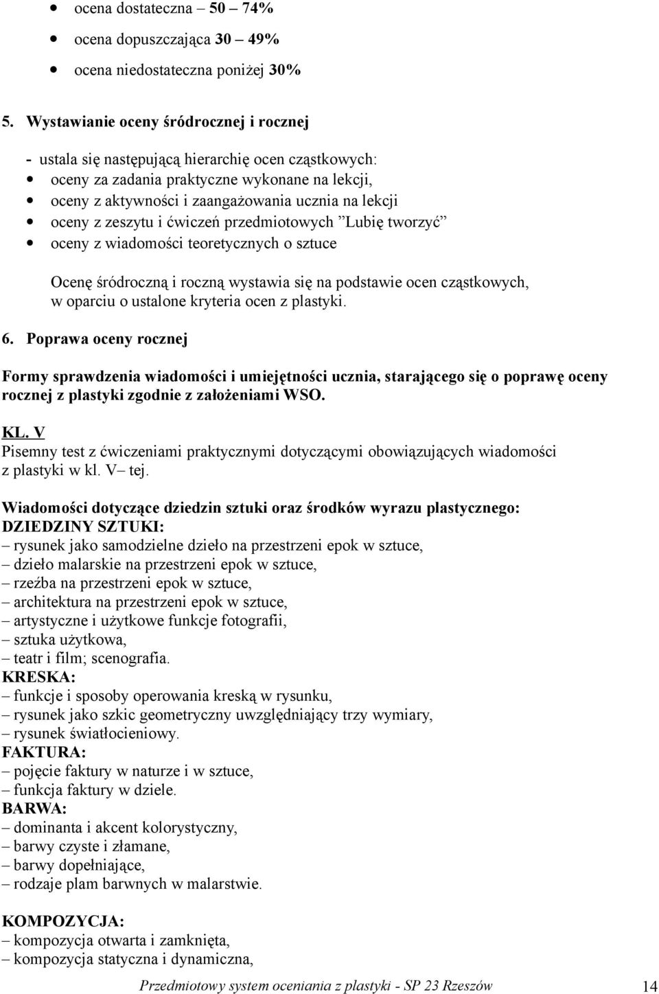 z zeszytu i ćwiczeń przedmiotowych Lubię tworzyć oceny z wiadomości teoretycznych o sztuce Ocenę śródroczną i roczną wystawia się na podstawie ocen cząstkowych, w oparciu o ustalone kryteria ocen z
