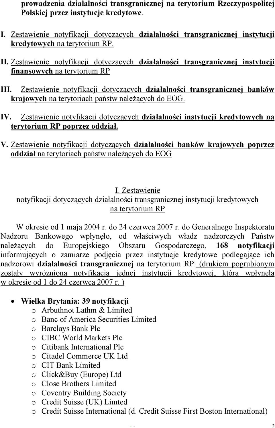 Zestawienie notyfikacji dotyczących działalności transgranicznej instytucji finansowych na terytorium RP III.
