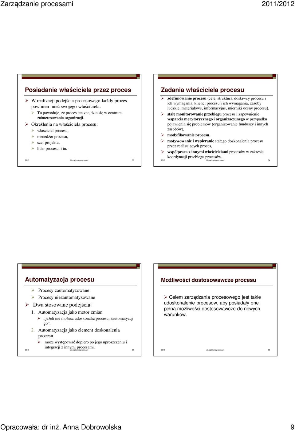 2012 Zarządzanie procesami 33 Zadania właściciela procesu zdefiniowanie procesu (cele, struktura, dostawcy procesu i ich wymagania, klienci procesu i ich wymagania, zasoby ludzkie, materiałowe,