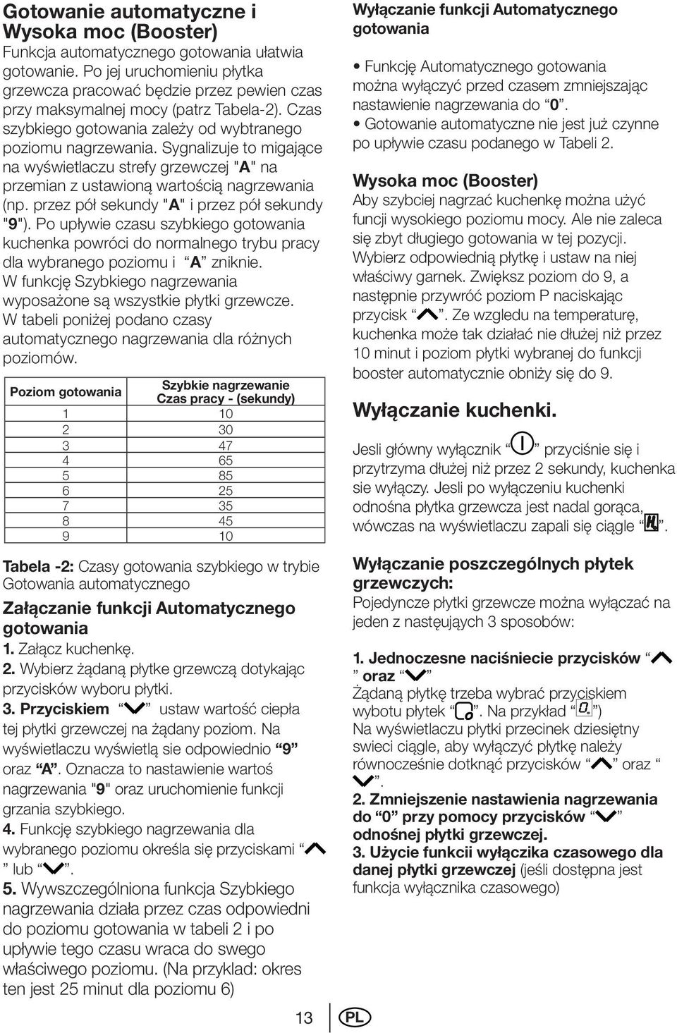 Sygnalizuje to migające na wyświetlaczu strefy grzewczej "A" na przemian z ustawioną wartością nagrzewania (np. przez pół sekundy "A" i przez pół sekundy "9").