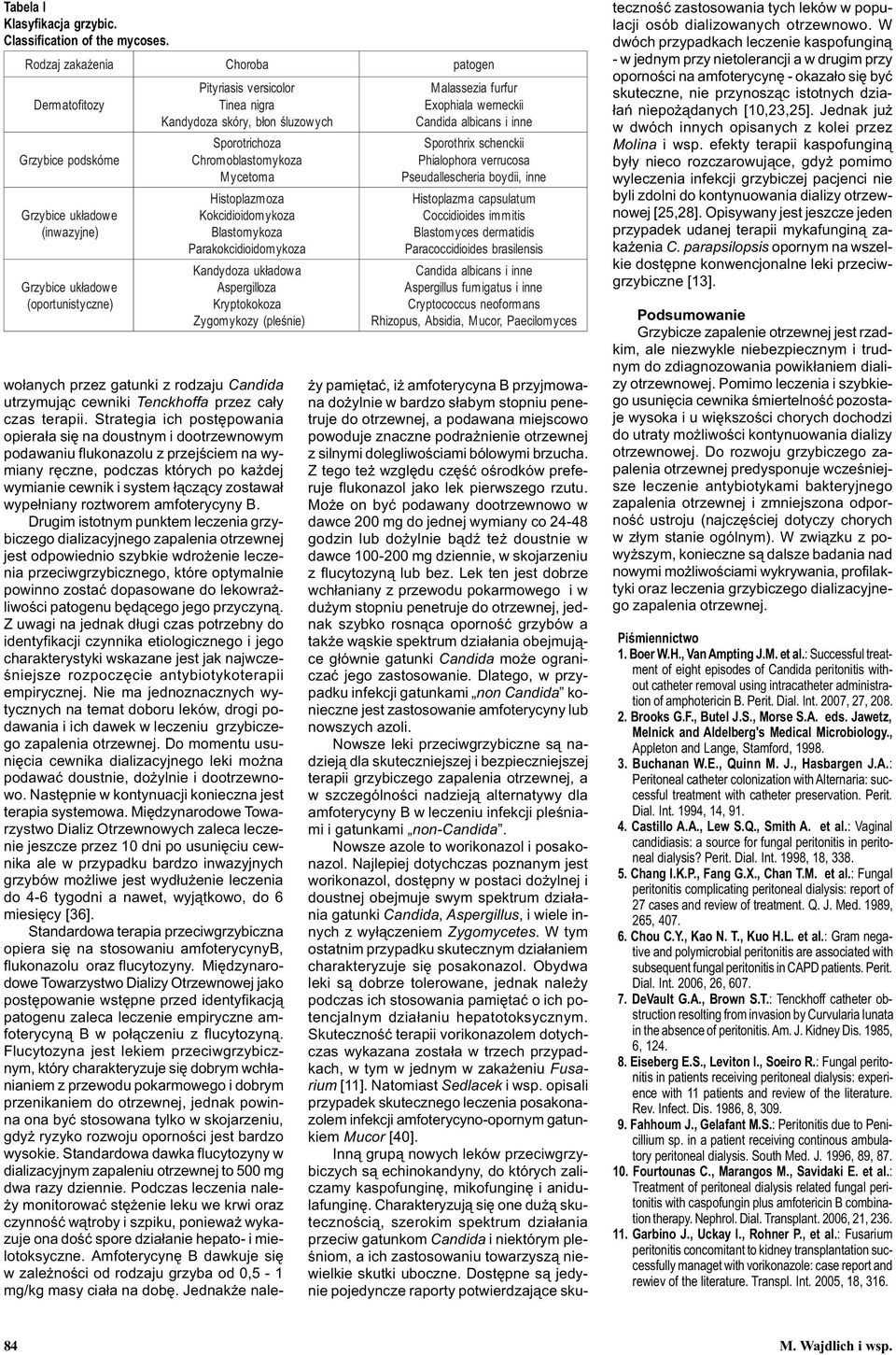 Sporotrichoza Chromoblastomykoza Mycetoma Histoplazmoza Kokcidioidomykoza Blastomykoza Parakokcidioidomykoza Kandydoza uk³adowa Aspergilloza Kryptokokoza Zygomykozy (pleœnie) wo³anych przez gatunki z