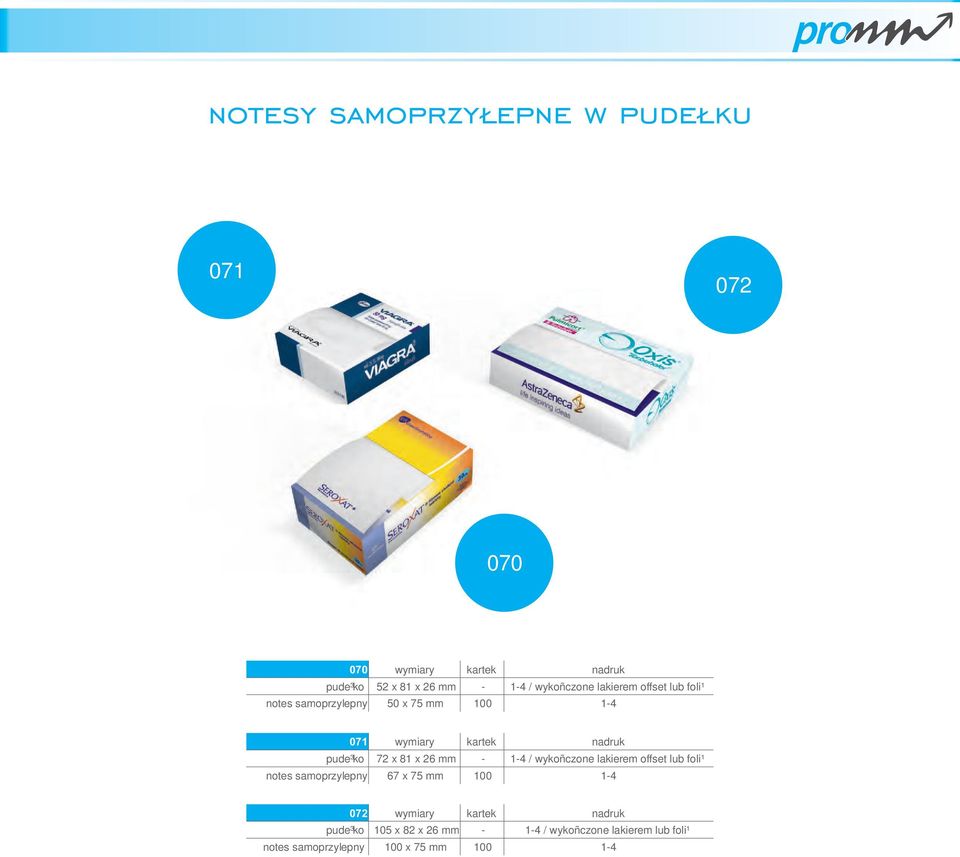 72 x 81 x 26 mm - 1-4 / wykoñczone lakierem offset lub foli¹ notes samoprzylepny 67 x 75 mm 100 1-4 072