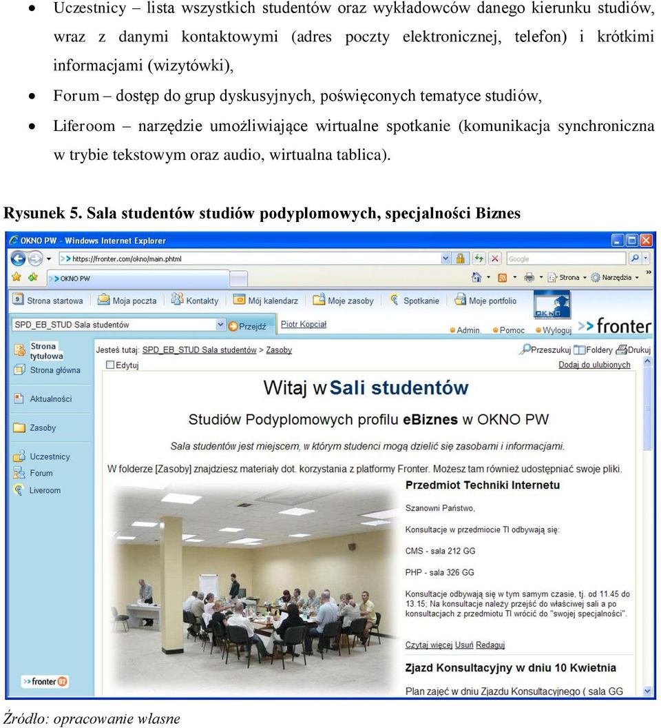 poświęconych tematyce studiów, Liferoom narzędzie umożliwiające wirtualne spotkanie (komunikacja synchroniczna