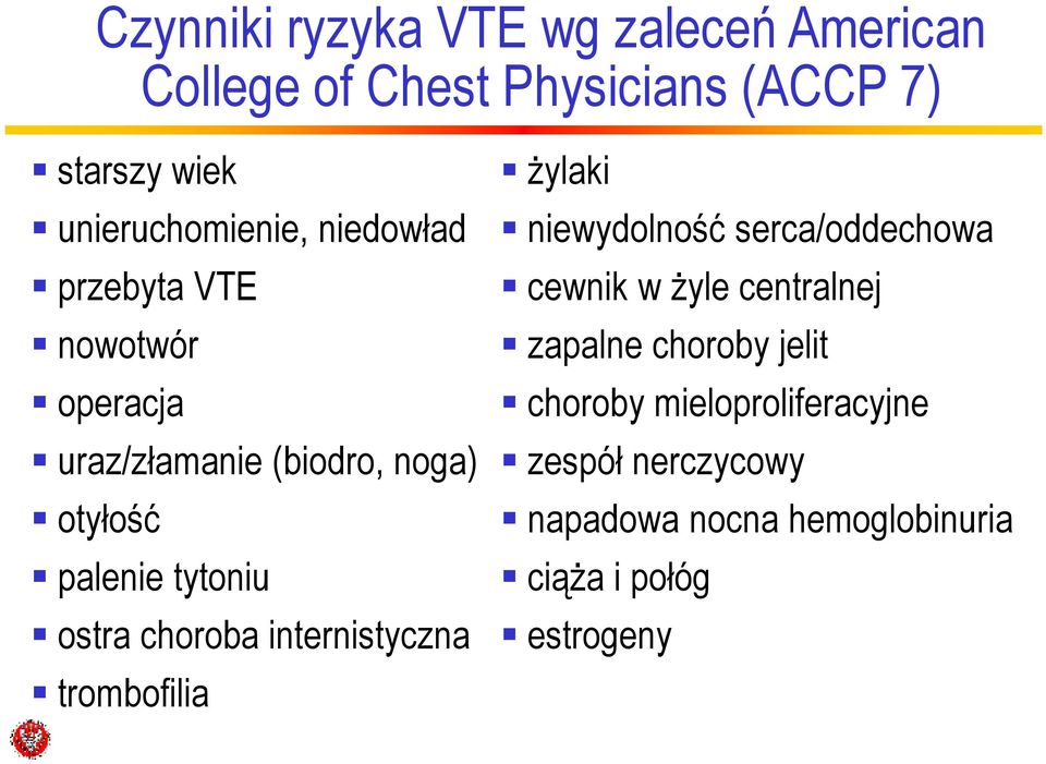 tytoniu ostra choroba internistyczna trombofilia Ŝylaki niewydolność serca/oddechowa cewnik w Ŝyle